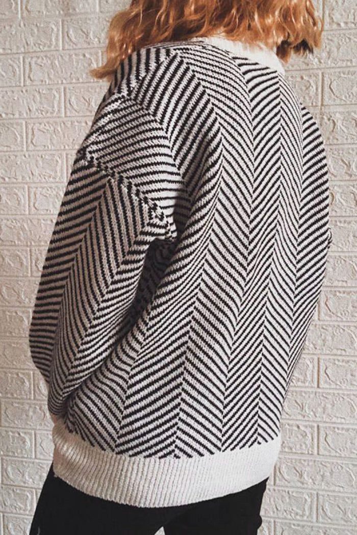 Black Zig Zag Stripe Buttoned Sweater Cardigan