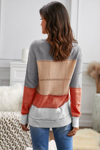 Wine Accent Knitted Color Block Long Sleeve Crew Neck Sweater