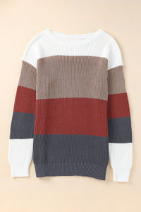 Chestnut Color Block Knitted O-neck Pullover Sweater