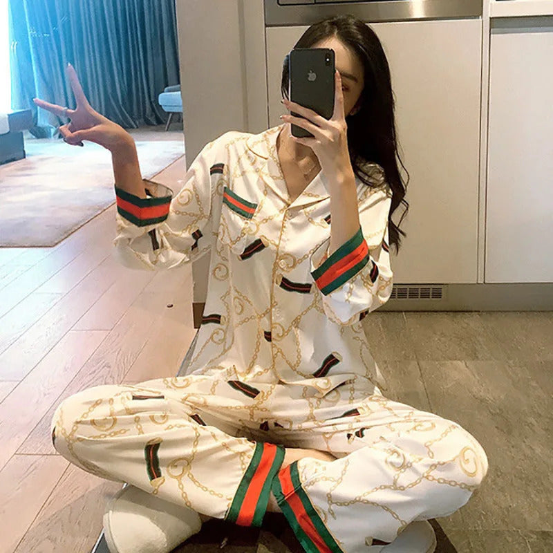 Women Plus Size Pajamas Silk Long Sleeve School Loungewear Two-Piece Fashion Webbing Chain Pattern Trouser Set Sexy Sleepwear