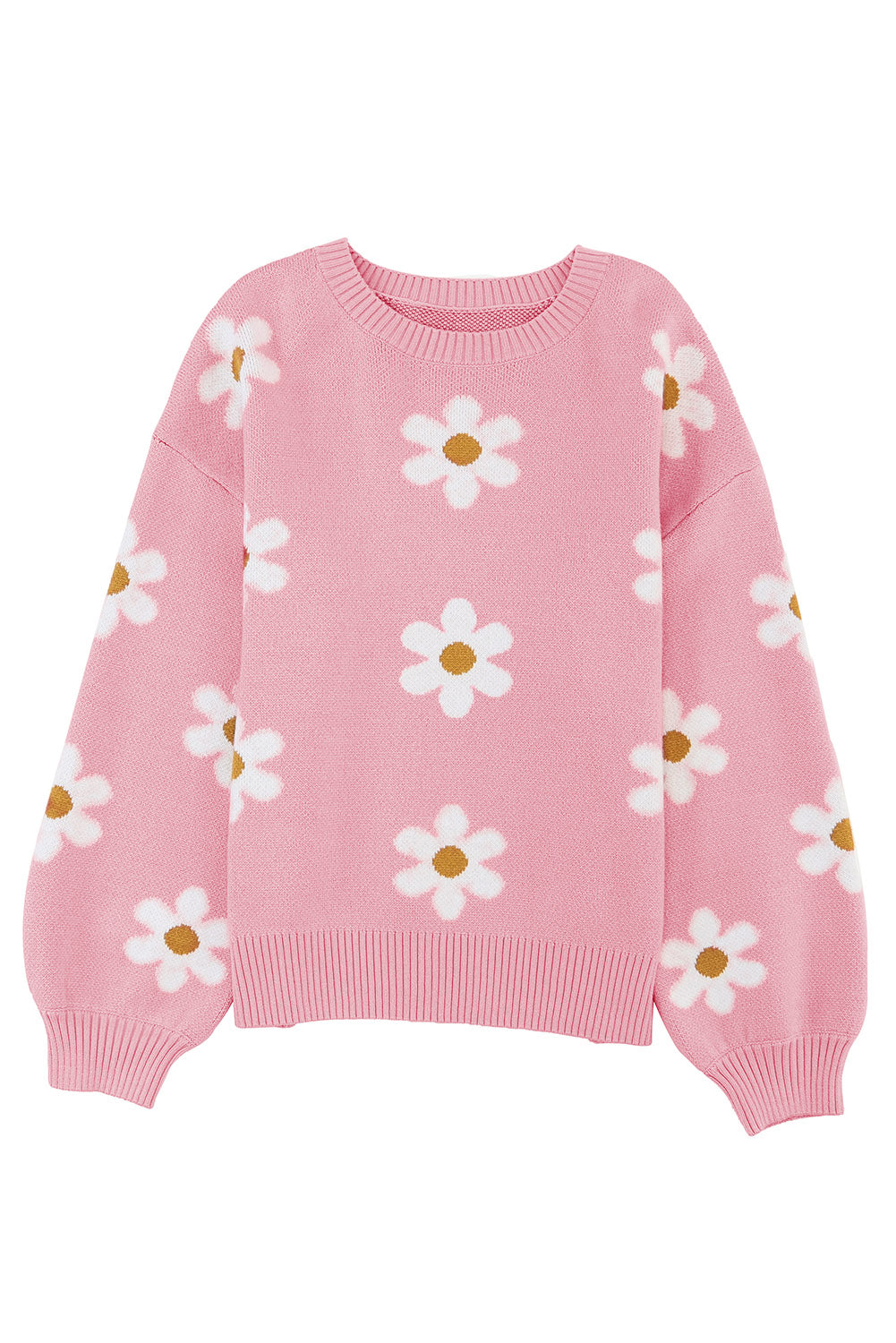 Pale Khaki Pink Floral Pattern Drop Shoulder Sweater