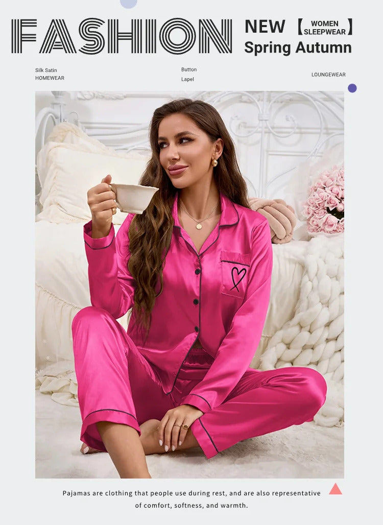 Autumn Satin Pajama for Women Heart-shaped Embroidery Sleepwear & Loungewear Long Sleeve Top & Pants Home Clothes Pyjama 2 Piece