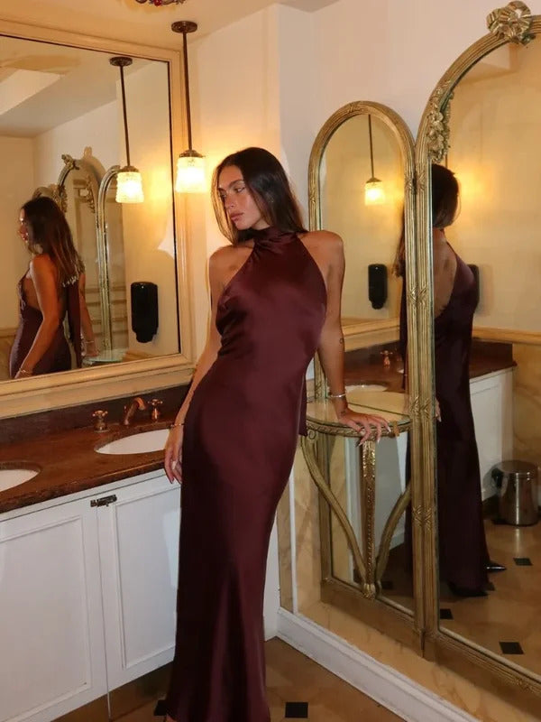 Elegant Brown Satin Halter Lace Up Long Dress Sexy Off Shoulder Backless Sleeveless Bodycon Dresses Autumn New Lady Party Robe