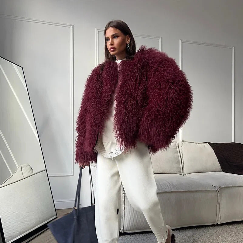 Burgundy Fluffy Faux Fur Warm Short Coat Lady Elegant Round Neck Long Sleeve Cardigan Jacket 2024 Women Winter Street Outerwear