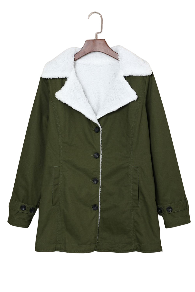 Green Gray Lapel Collar Button Fleece Jacket