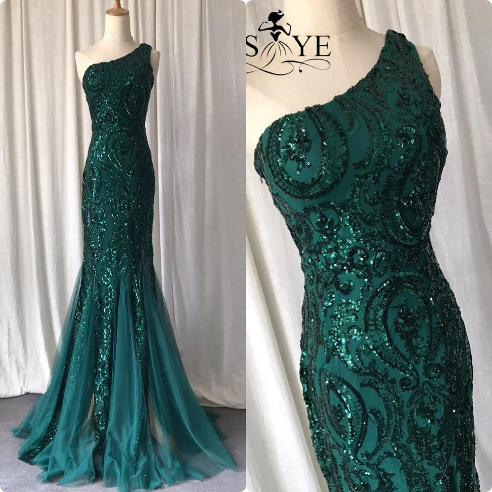 One Shoulder Emerald Evening Dresses Green Sequined Long Mermaid Prom Gown Glitter Elegant Party Dress Pattern Lace Formal Dress