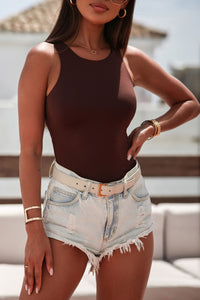 Brown Solid Crew Neck Sleeveless Bodysuit