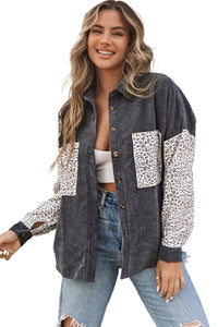 Gray Leopard Patchwork Corduroy Buttoned Shirt Jacket