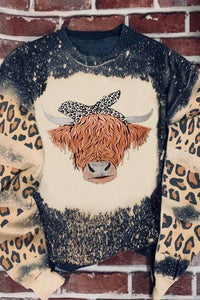 Black Western Cow Head Leopard Bleached Print Graphic Sweatshirt