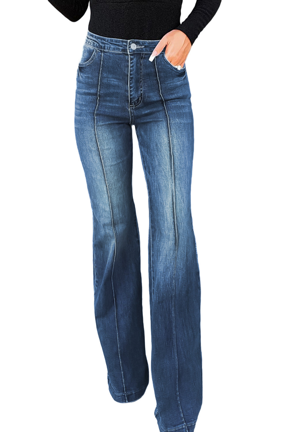 Blue Central Seam Stitching Wide Leg Jeans