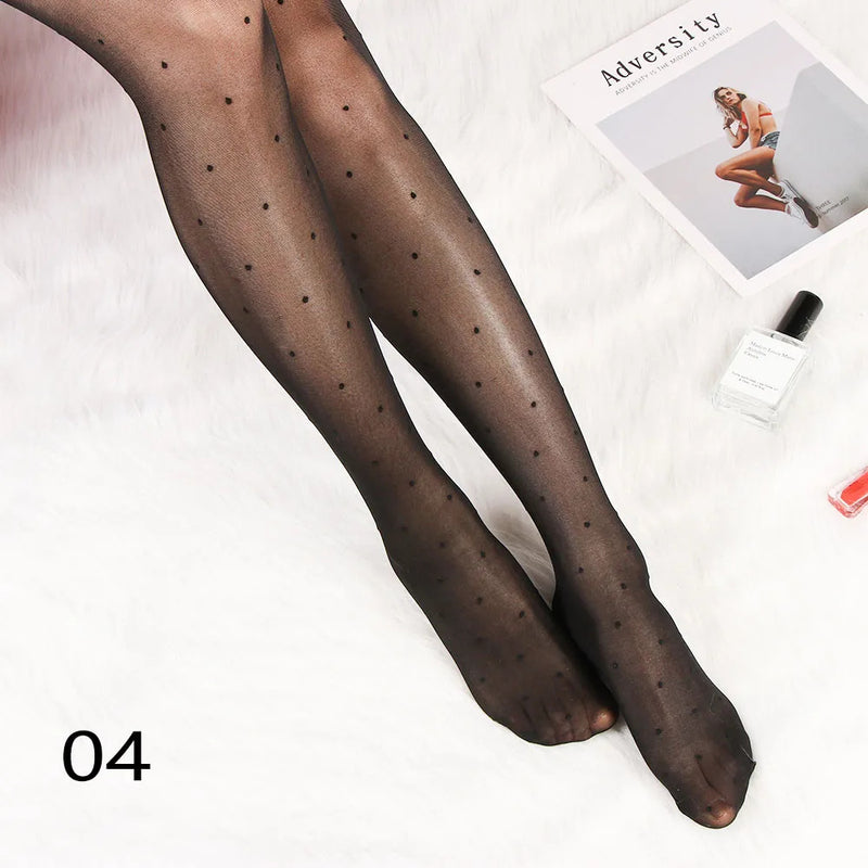 Sexy Women Tights Classic Small Polka Dot Silk Stockings Thin Vintage Faux Tattoo Thigh Sheer Pantyhose Female Elastic Hosiery