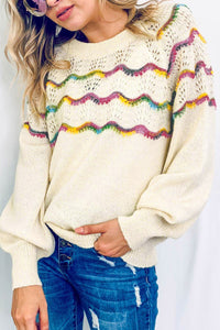 White Wavy Striped Pointelle Bishop Sleeve Sweater