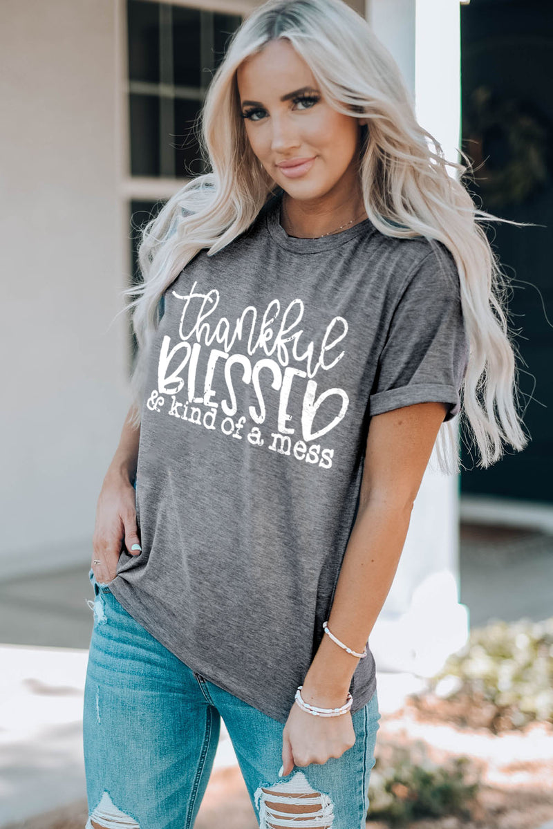 Gray Thankful Blessed & Kind of a Mess Graphic Tee