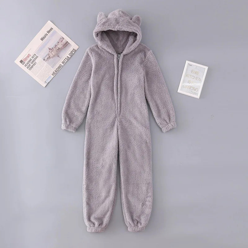 Women's Winter Warm Pyjamas Girls Onesies Fluffy Fleece Jumpsuits Nightwear Overall Hooded Sets Pajamas for Female Plus Size