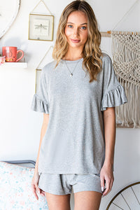 Gray Ribbed Knit Ruffle Trim Casual Short Set