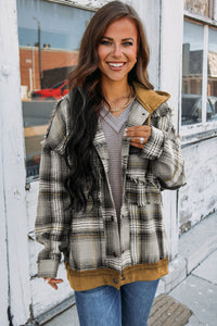 Medium Grey Plaid Patch Hooded Frayed Snap Button Jacket