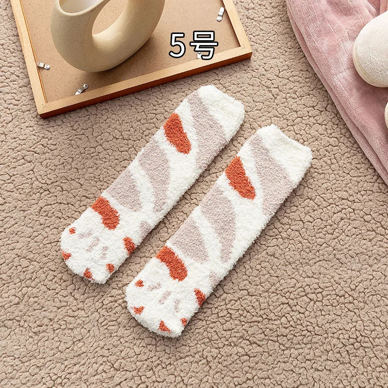 Autumn Winter Coral Velvet Socks Cute Cat Claw Socks For Women Children Girls Middle Tube Thickened Sleep Socks Home Floor Socks