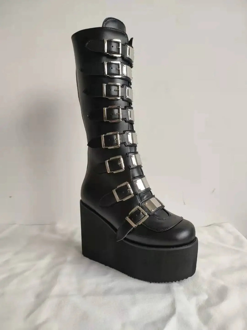 Punk Women Boots Cosplay Ladies High Heel Platform Wedges Women High Boots Gothic Buckle Strap Long Tube Leather Female Boots