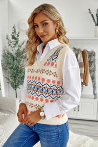 Sky Blue Tribal Print V Neck Knitted Sweater Vest