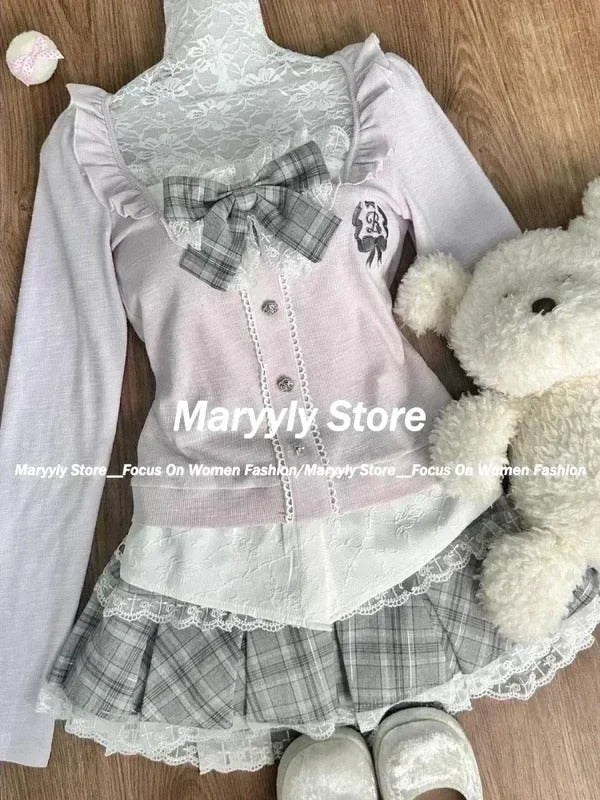 Japanese Sweet Preppy Style Skirt Set Women Kawaii Lace Patchwork Bow Tops + Y2k Plaid Mini Skirt Elegant Outifits 2 Piece Set