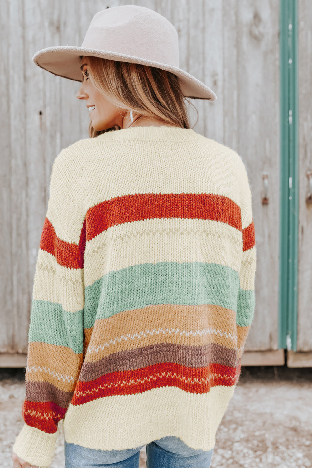 Crew Neck Drop-shoulder Striped Color Block Sweater