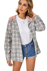 Khaki Drawstring Plaid Hooded Shacket