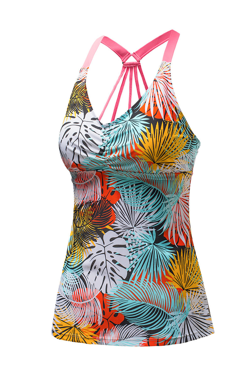 Yellow Floral Printed Strappy Racerback Tankini Swim Top