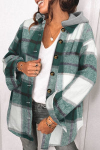 Green Hooded Plaid Button Front Shacket