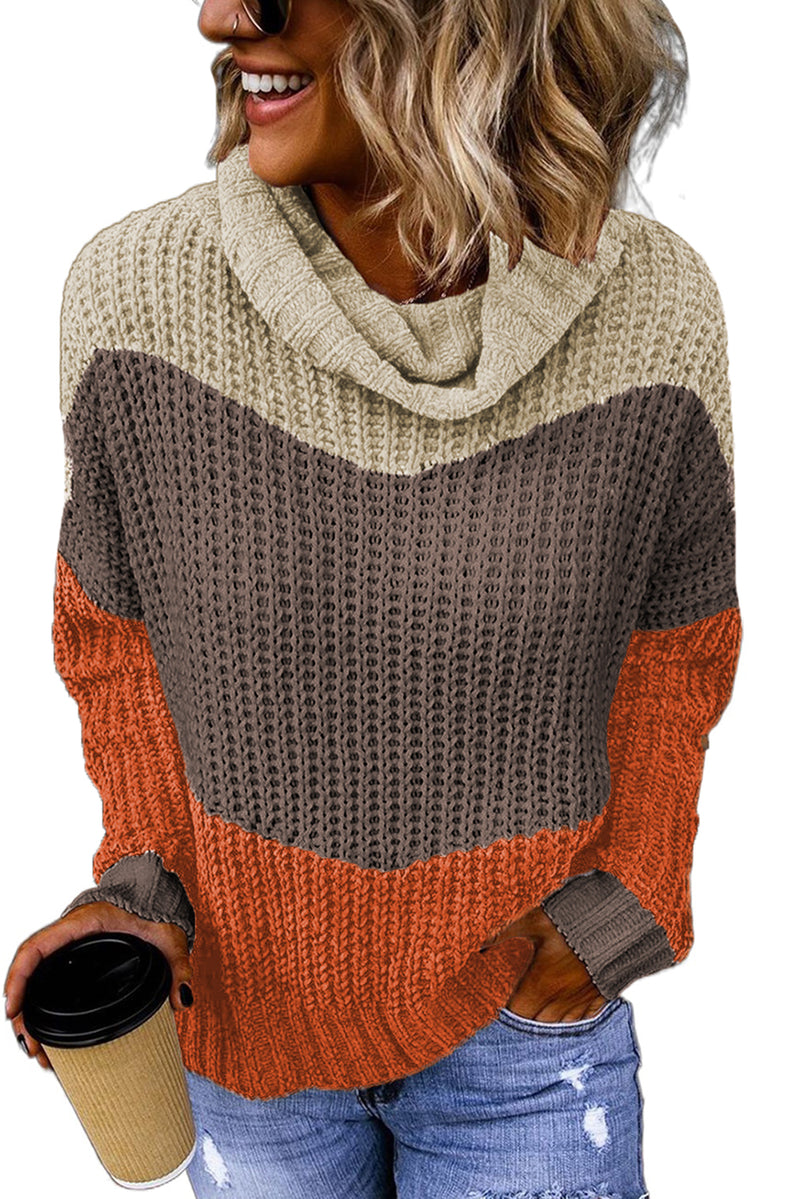 Black Cowl Neck Colorblock Cable Knit Sweater