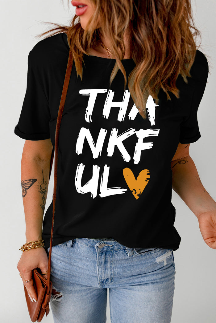 Black THANKFUL Heart Graphic T Shirt