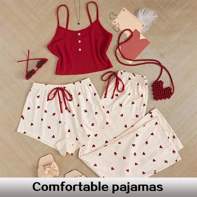 Three Piece Printed Vest Shorts and Bow Drawstring Pants Casual Women's Cute Heart-Shaped Print Paired with Home Pajamas Set