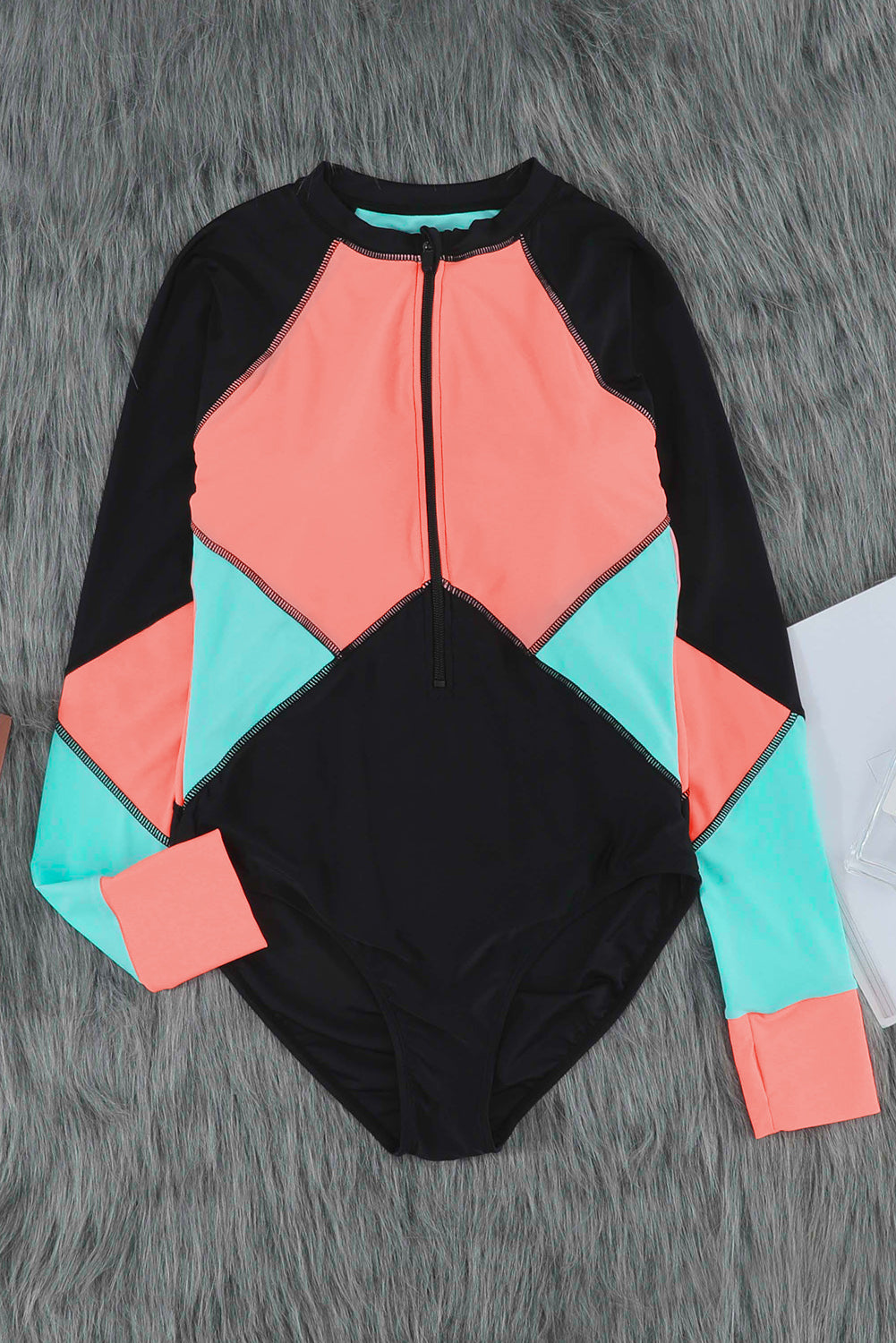 Blue Color Block Zipper Long Sleeve Rash Guard Swimwear