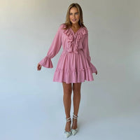 Ruffled V-Neck White Mini Dresses Female Patchwork Long Sleeve Elegant Bandage Fashion Dress High Waist Lace-Up Women's Vestidos