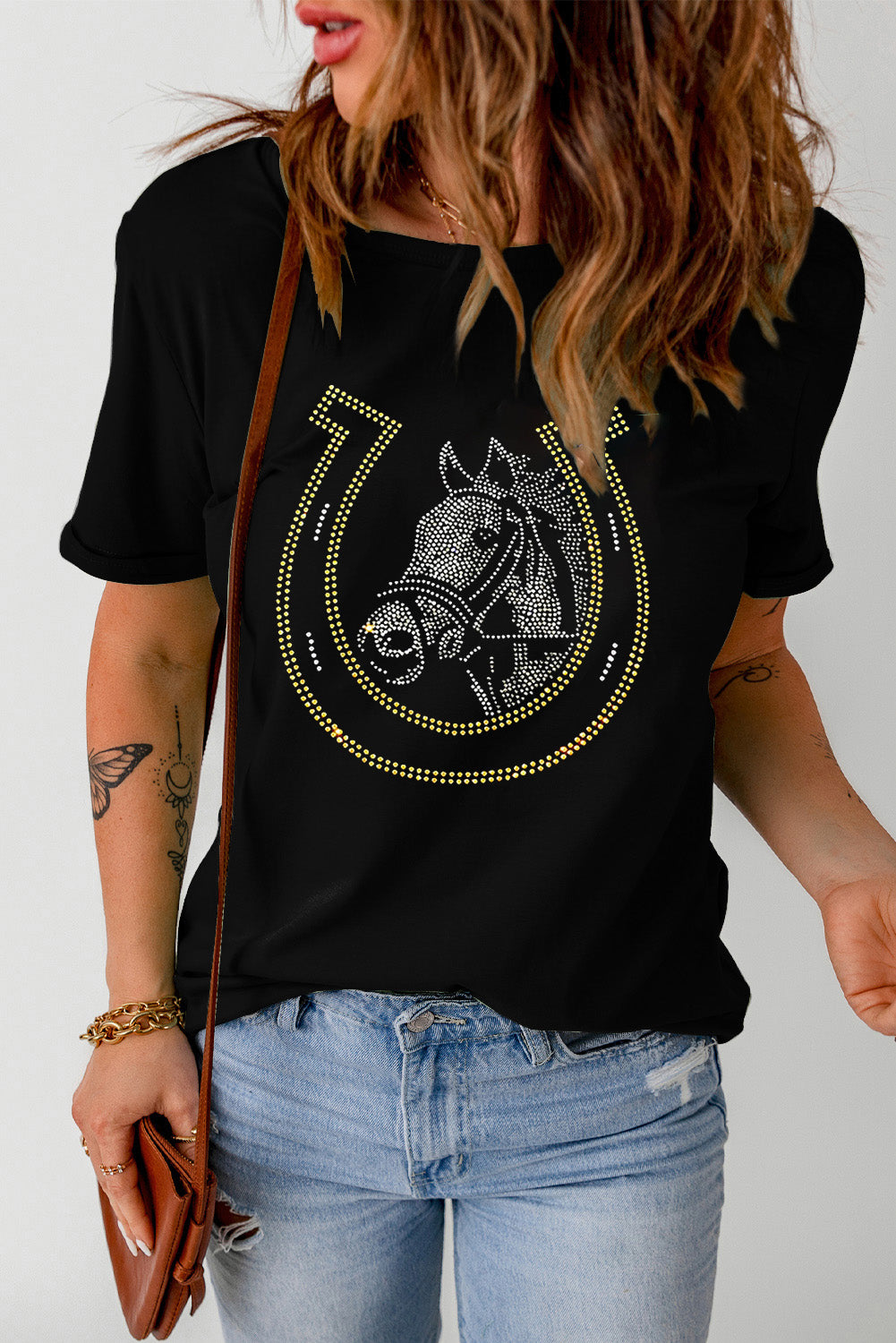 Black Rhinestone Horse & Horseshoe Graphic T Shirt