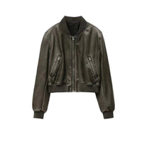 Women's Street fashion Faux Leather Bomber Jacket Stand Collar Black Short Leather Coat