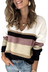 Brown Casual Color-Block Striped Long Sleeve V Neck Sweater