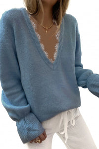 Sky Blue Eyelash V Neck Knitted Sweater