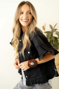 Black Raw Edge Ruffled Short Sleeve Denim Jacket