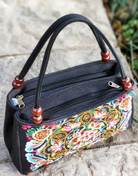 Embroidered Canvas Women's Top Handle Bag: Double Layered with Zippered Compartments, Perfect for Work and Play