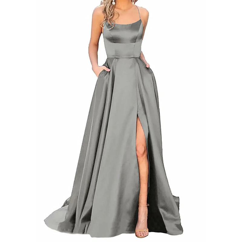 Solid Fit And Flare Women Prom Dresses Ladies Long Lady Elegant Backless Long Dresses Side Slit Wedding Evening Party Dress