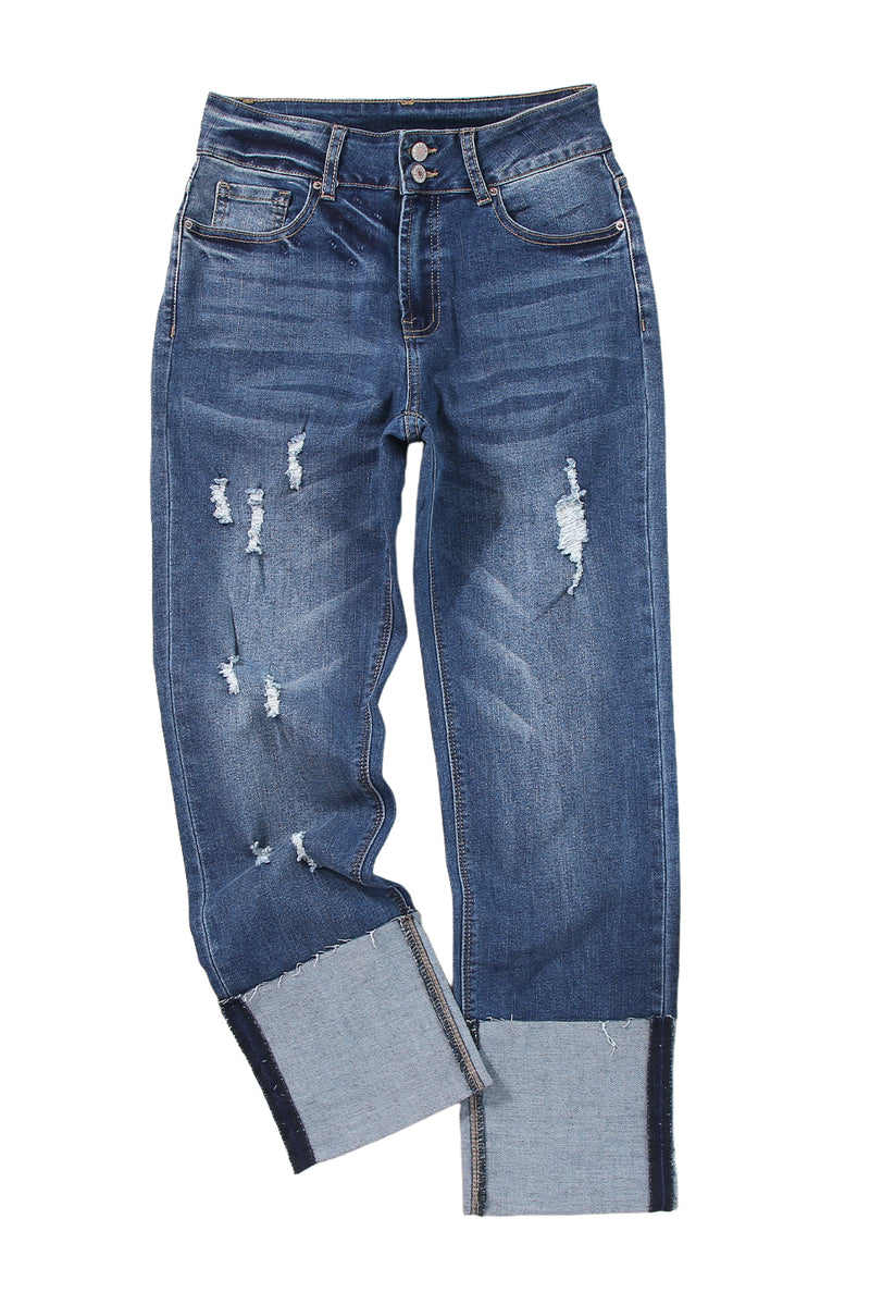 Blue High Waist Distressed Straight Leg Jeans