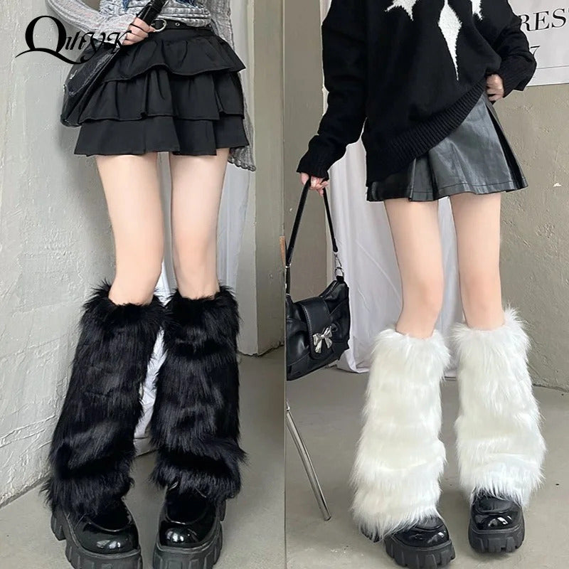 Japanese White Faux Fur Leg Warmers Boot Covers Y2K Goth Solid Leg Socks Punk Jk Knee-length Hiphop Hotgirl Fashion Warm Sock