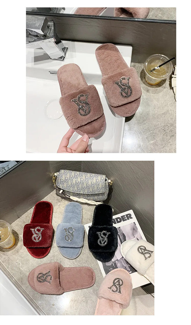 Female Home Cotton Slippers Women Autumn Winter Hairy Warm Footwear Fashion Letter Rhinestones Sandals Woman Casual Flat Shoes