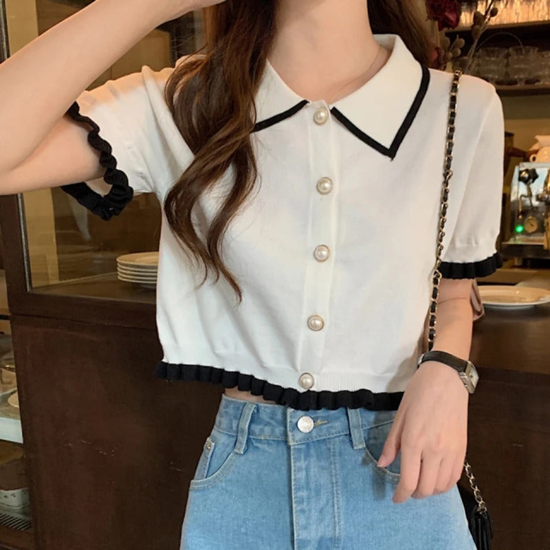 Sweet Women Shirt Korean Knitted Turn Down Collar Chic Short Sleeve Female Blouse Summer Retro Slim All Match Ladies Crop Tops