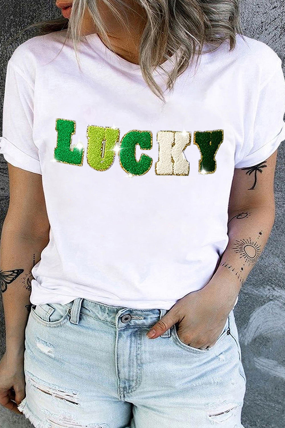 White Chenille LUCKY Patch Graphic Plus Size Tee