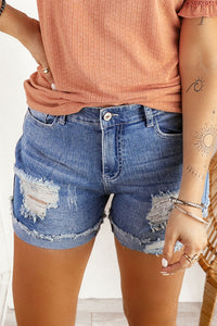 Blank Apparel - Distressed Ripped Rolled Hem Blue Denim Shorts