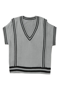 Gray V Neck Contrast Stripes Trims Short Sleeve Sweater