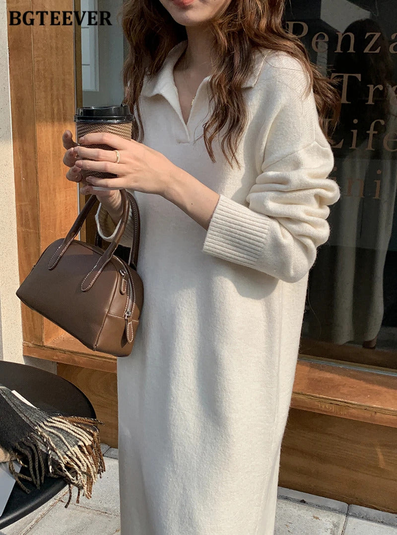 BGTEEVER Casual Thicken Warm Loose Sweater Dress Women Autumn Winter Lapel Full Sleeve Solid Long Knitted Dress Female vestidos