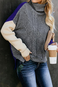 Gray Colorblock Cable Knit Sweater