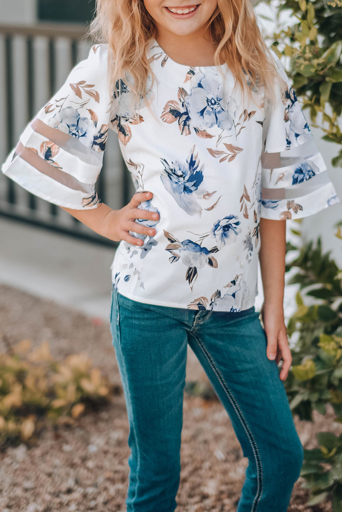 White Girl's 3/4 Bell Sleeve Mesh Panel Blouse